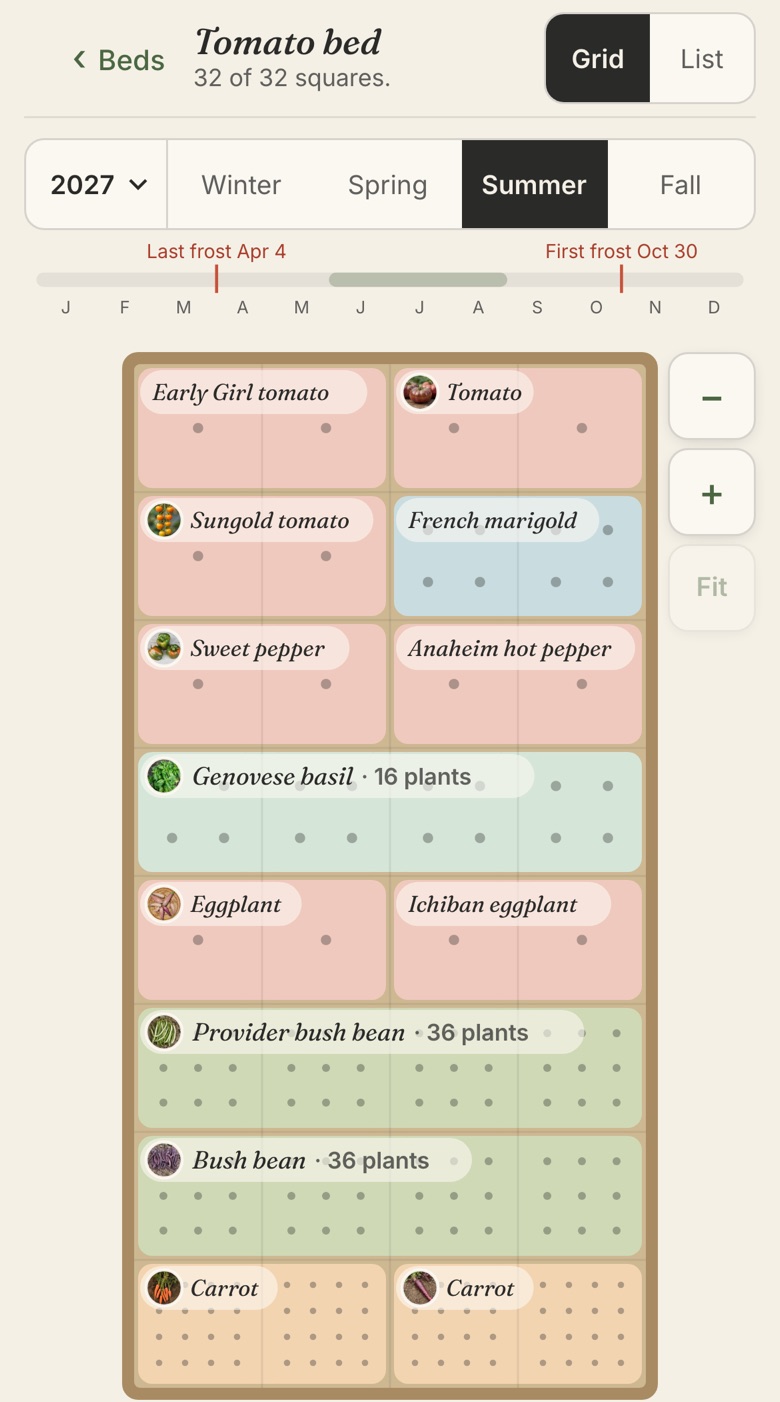 The tomato bed on a phone in summer 2027: 32 squares of tomatoes, peppers, eggplant, basil, marigold, beans, and carrots, under a strip marking the last frost on April 4 and the first on October 30