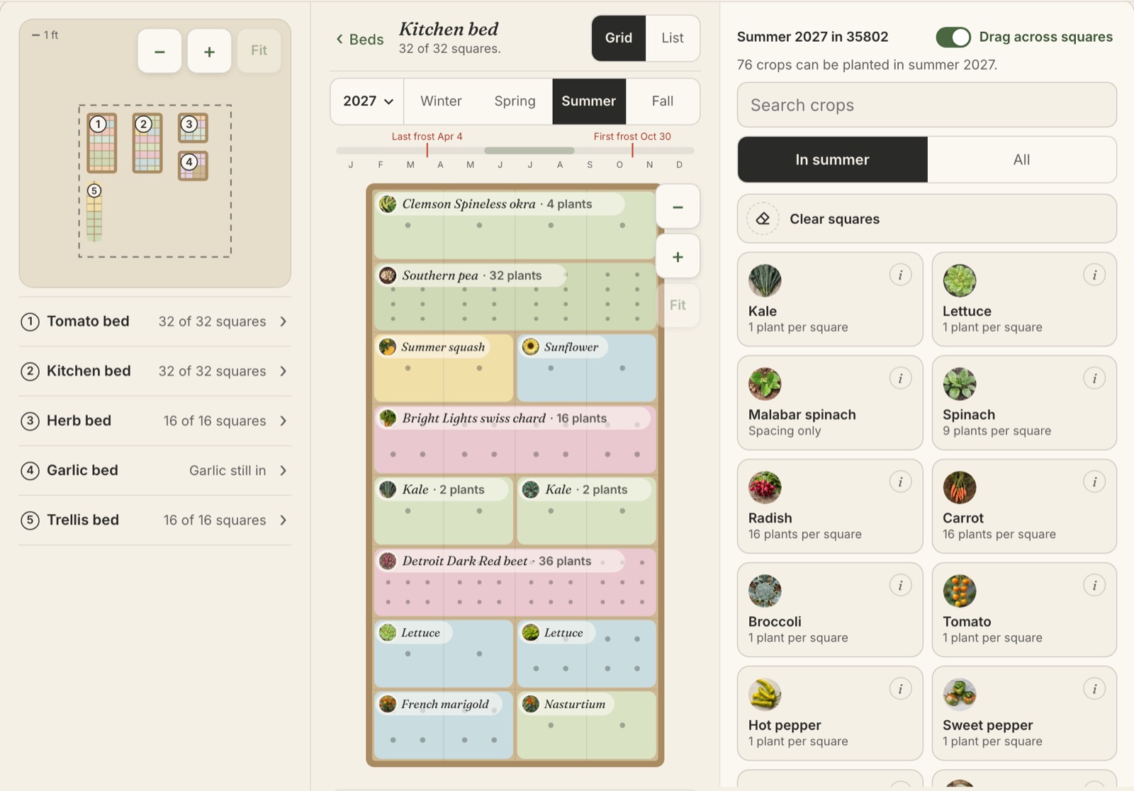 The planner on a computer: the list of five beds, the kitchen bed filled for summer 2027, and the tray of crops that can be planted in summer